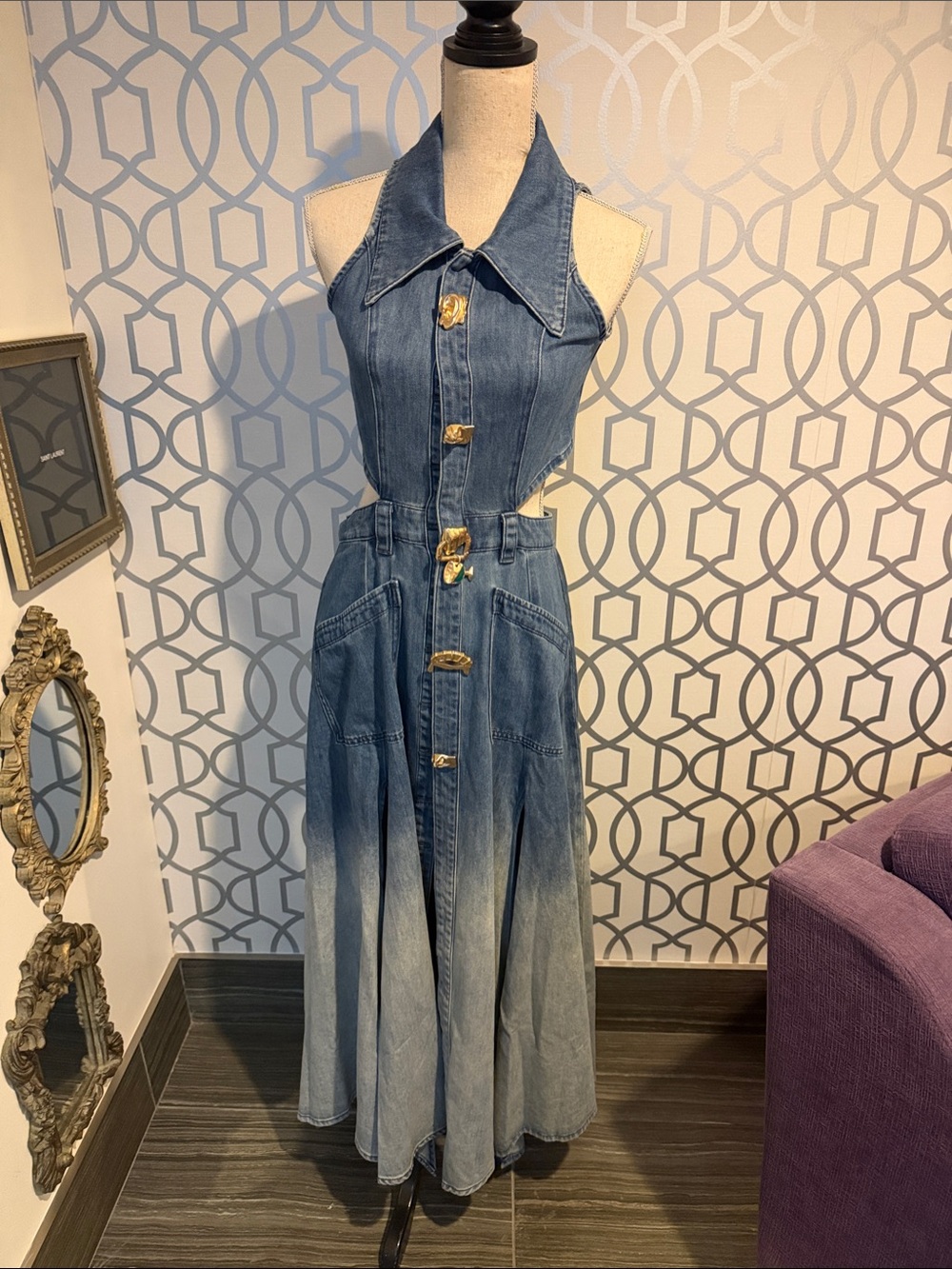 Washed Blue Denim Halter Maxi Dress with Gold Buttons